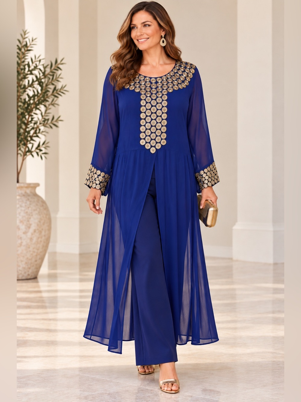 Women Kaftan Maxi Dress L Made India Blue Slit in Front Side Zip Embroidery New
